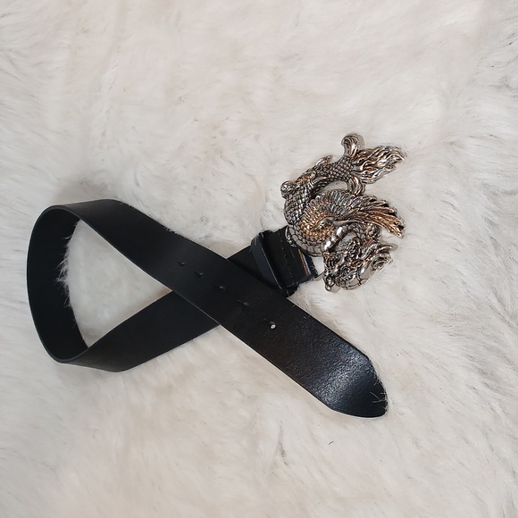 Nick & Nora Accessories - Nick & Nora Elegant Black Leather Belt with Silver Dragon Buckle Unisex Sz S